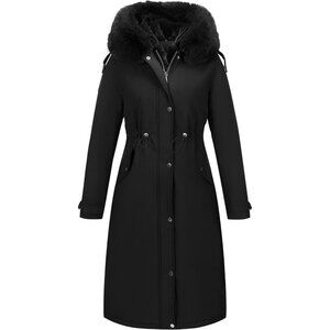 Women's Winter Warm Long Overcoat Hooded Puffer Jacket Black Fur Collar